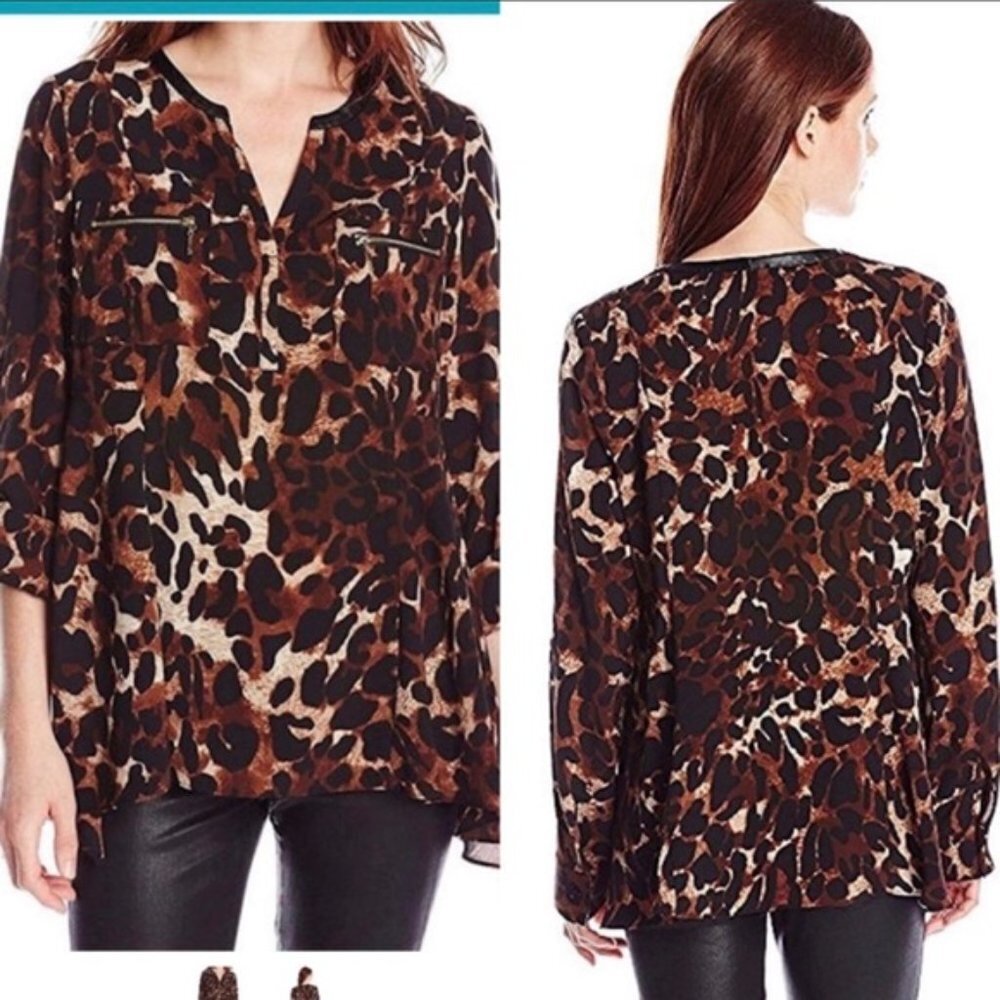 Rafaella Tawny Women's Split Neck Black & Brown Animal Print Blouse Size…